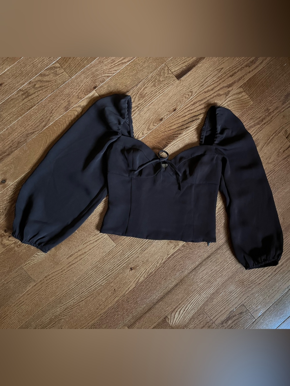 Chocolate Brown Puff-Sleeve Sweetheart Crop Top with Tie Front